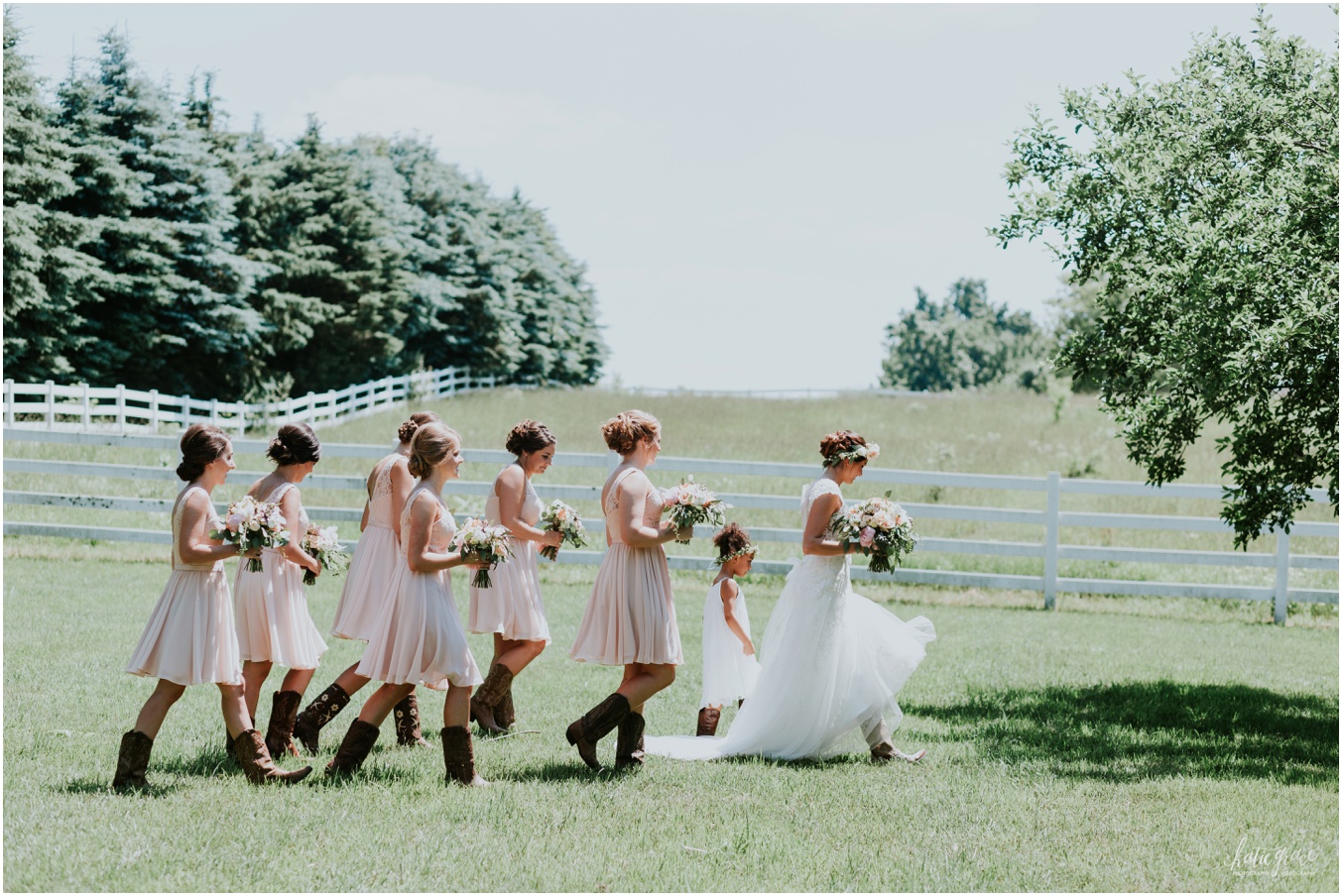Katie Grace Photography, Hydrangea Blue Barn, Blush Bridesmaids Dress, Floral Crown, Cowboy Boots